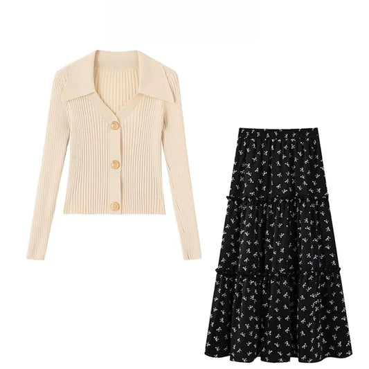 V-Neck Cardigan Two-Piece Set