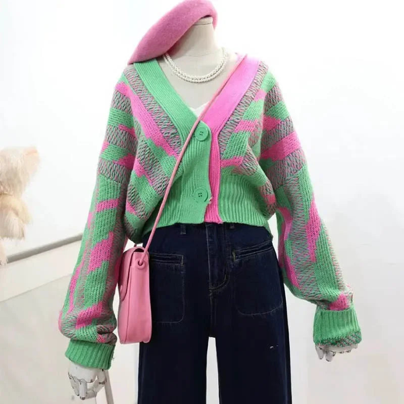 Color Block Green Crop Cardigan