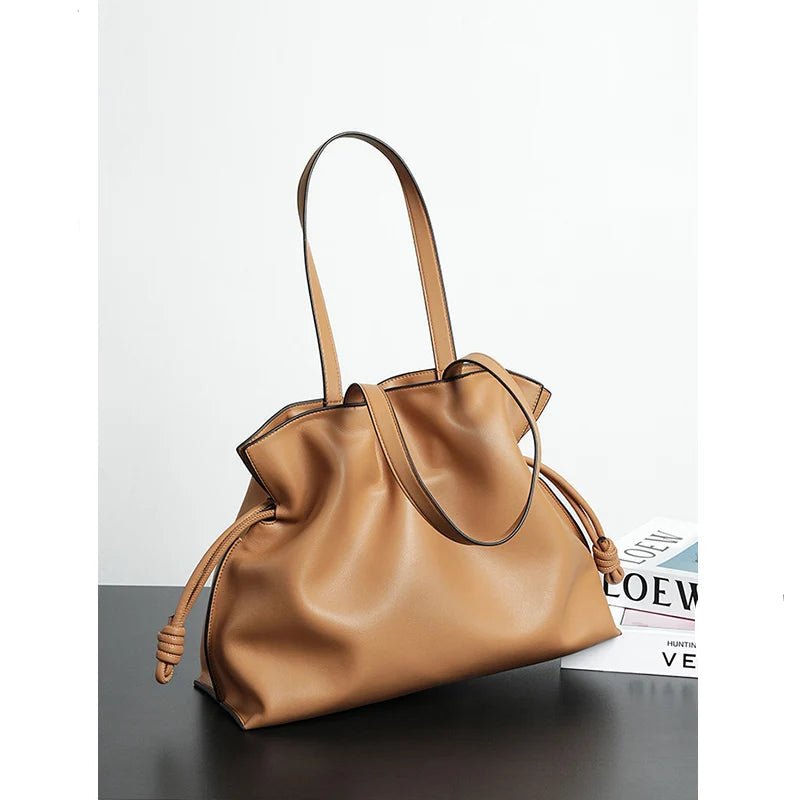 Soft Leather Pleated Bucket Tote Bag