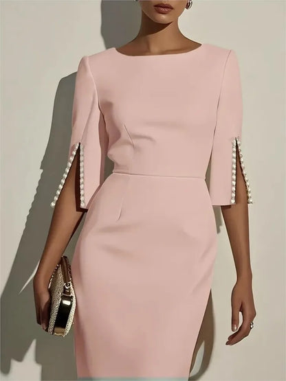 Elegant O-neck Half-sleeved Dress For Women Fashion Spring Summer Solid Color Pearl Design Waist-hugging Casual Dresses Female