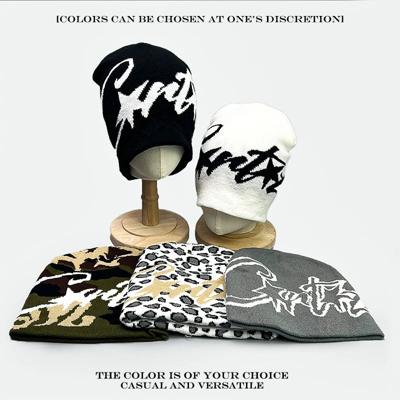 Leopard Print Letter Knit Beanie