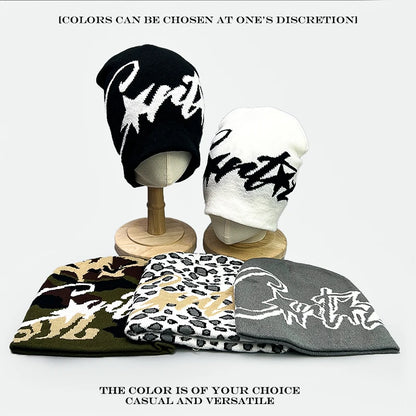 Leopard Print Letter Knit Beanie