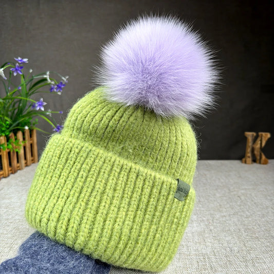 Women’s Large Rabbit Fur Pompom Beanie