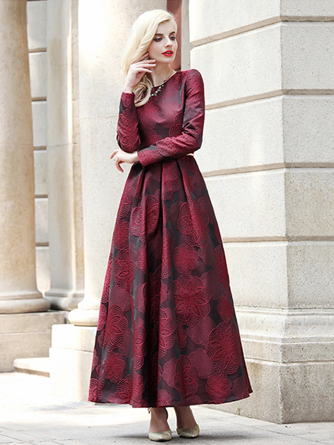 Burgundy Floral Jacquard Maxi Dress