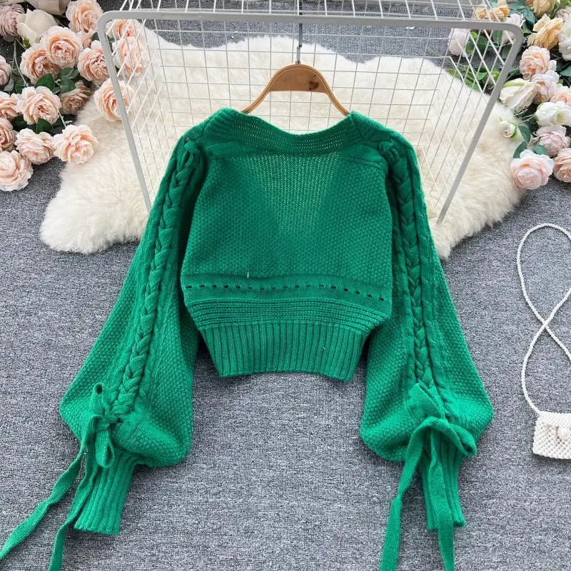 Green V-Neck Lantern Cardigan