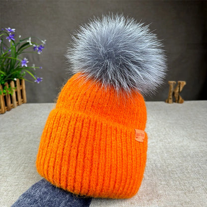 Women’s Large Rabbit Fur Pompom Beanie
