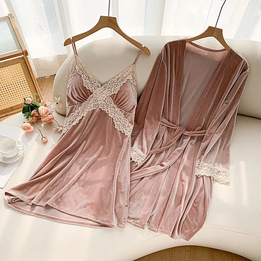 Women Velour Nightgown & Robe Set