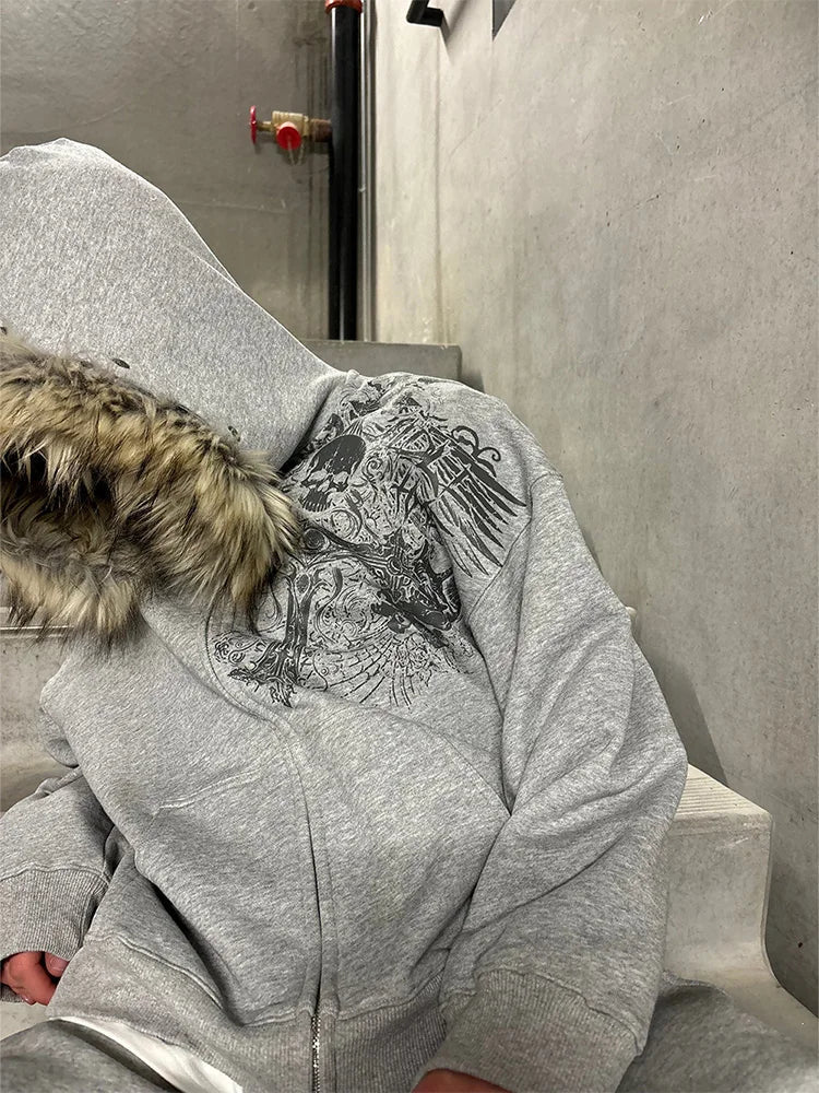 Y2K Graphic Fur Hoodie