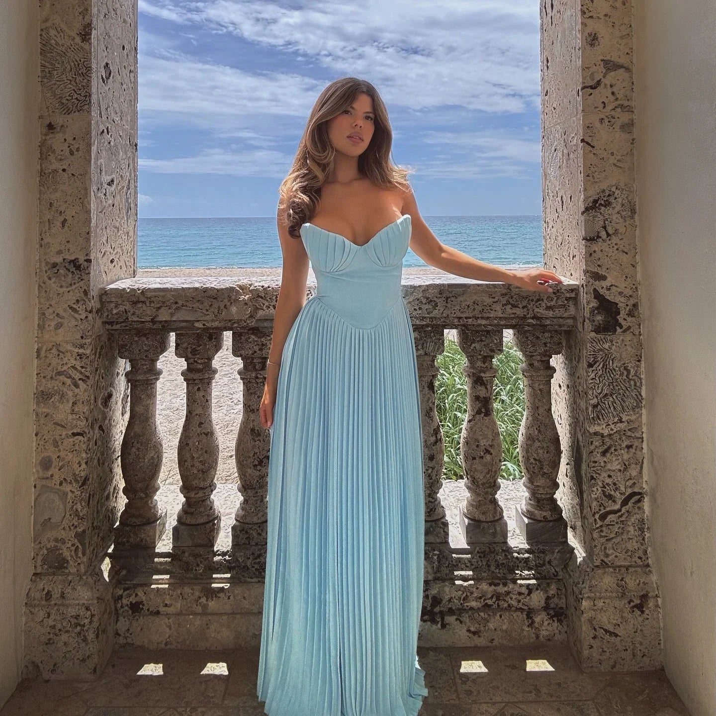 Suninheart Summer Sexy Strapless Pleated Maxi Dress