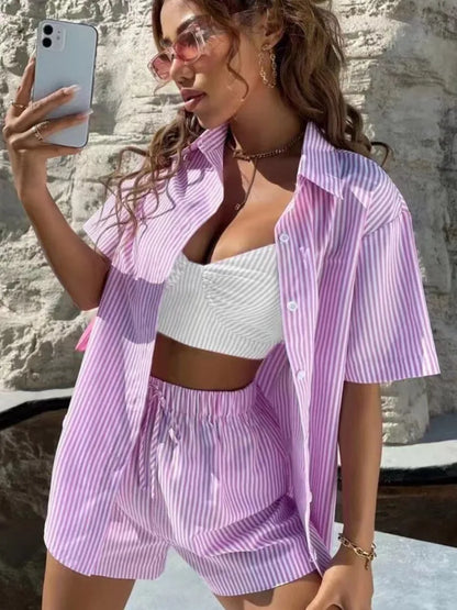 Striped Shirt Shorts Set