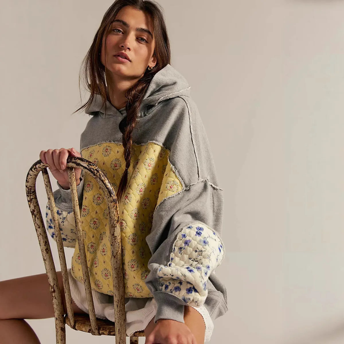 Floral Patchwork Hooded Sweatshirt