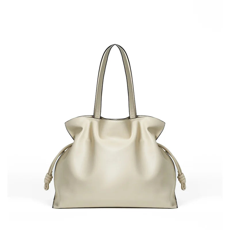 Soft Leather Pleated Bucket Tote Bag