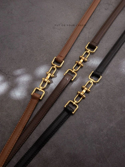 Korean Slim Genuine Leather Belt with Gold Buckle