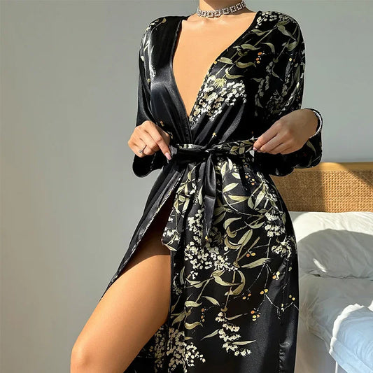 Sexy V-Neck Satin Kimono Robe