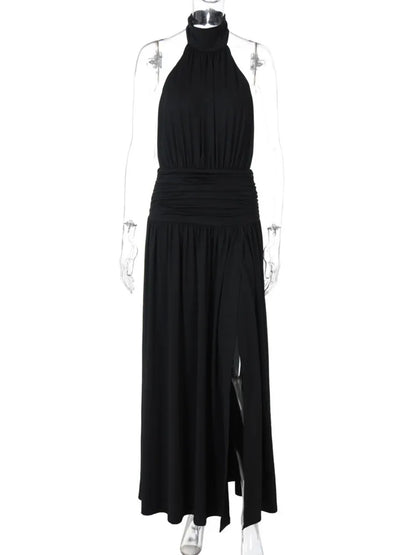 Halter Backless Pleated Maxi Dress