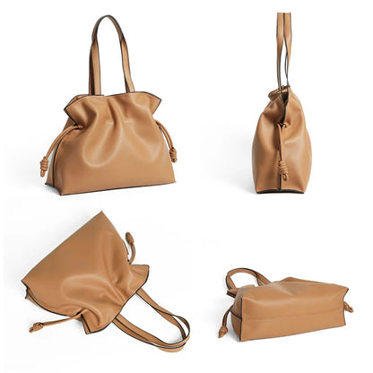 Soft Leather Pleated Bucket Tote Bag