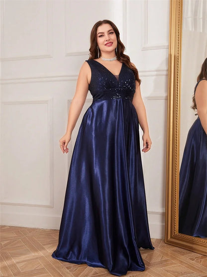 Plus Size Satin Sequin Evening Dress