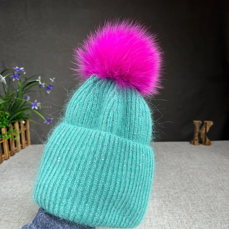 Women’s Large Rabbit Fur Pompom Beanie