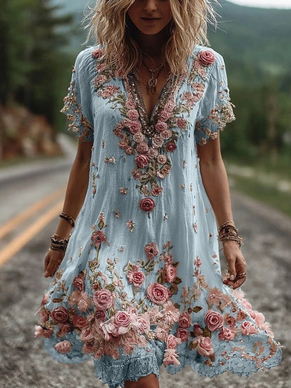 V-Neck Floral Pleated Dress