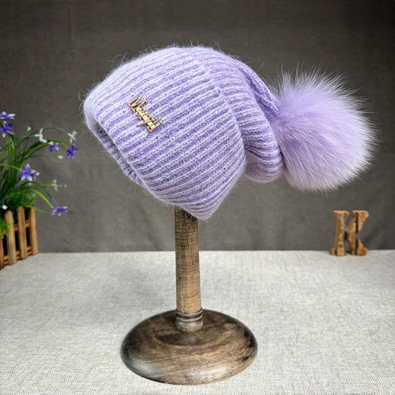 Women’s Rabbit Fur Pompom Beanie