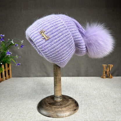 Women’s Rabbit Fur Pompom Beanie