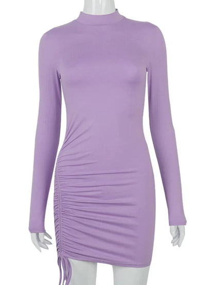 Long Sleeve Ruched Turtleneck Bodycon Mini Dress