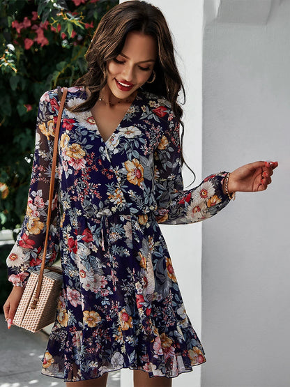 Floral V-Neck Chiffon Dress