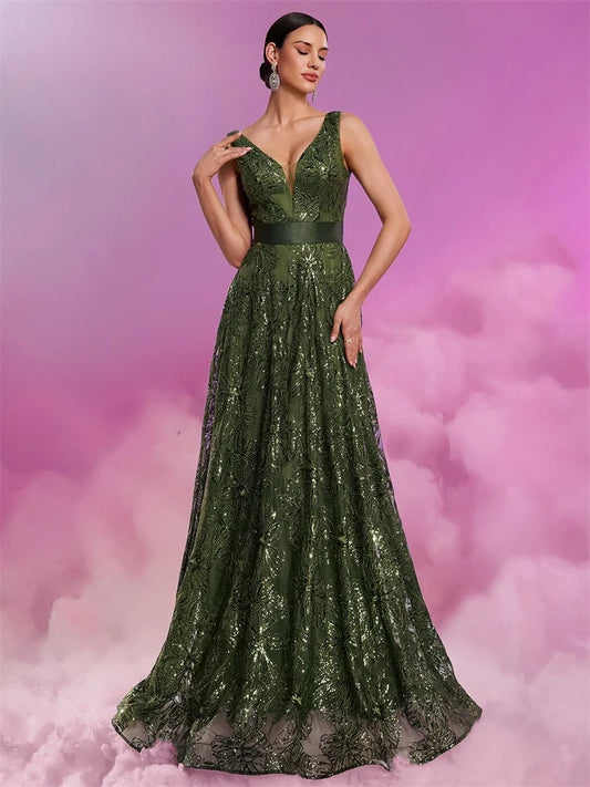 Elegant Sequin V-Neck Evening Dress