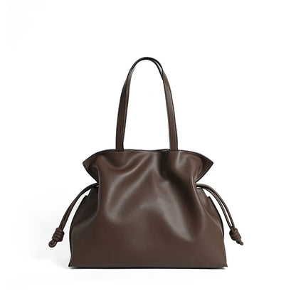 Soft Leather Pleated Bucket Tote Bag