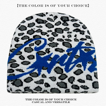 Leopard Print Letter Knit Beanie