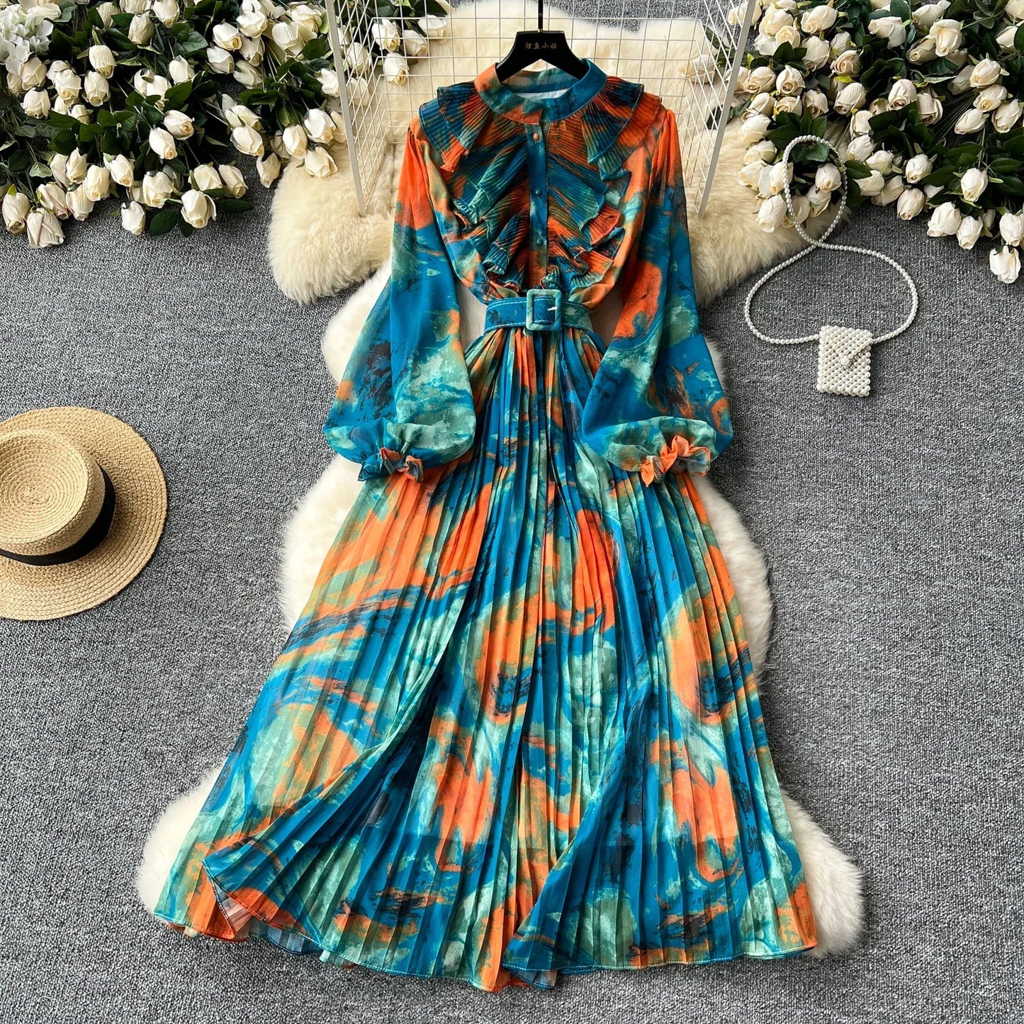 Vintage Print Chiffon Maxi Dress