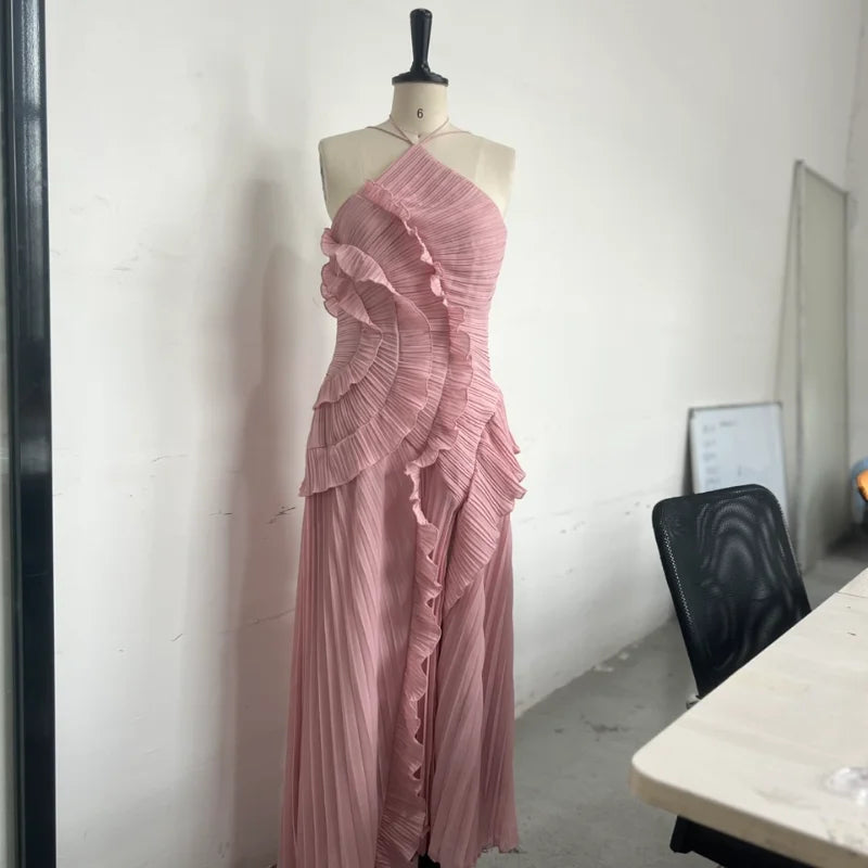 Purple Ruffle Backless Evening Dress