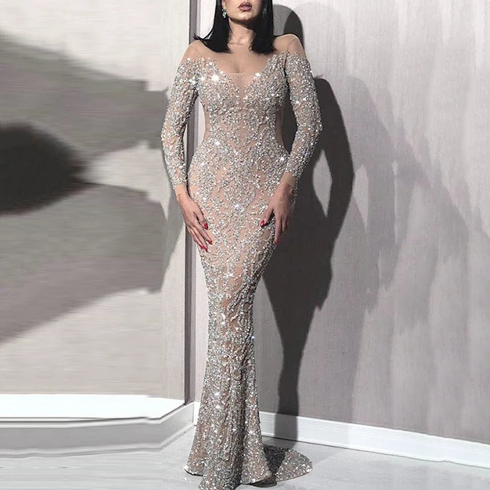 Luxurious Sequin Long Sleeve Evening Dress