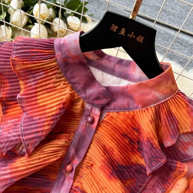 Vintage Print Chiffon Maxi Dress