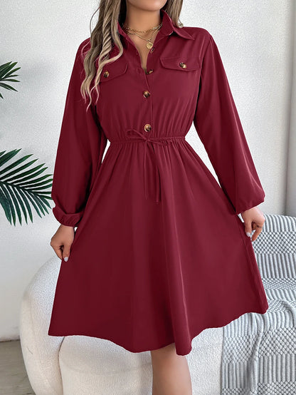 Autumn Winter Button-Up Tie Waist Shirt Dress