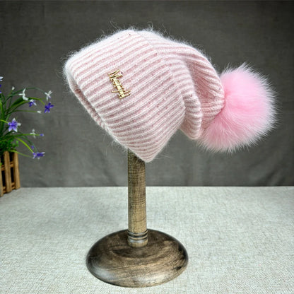 Women’s Rabbit Fur Pompom Beanie