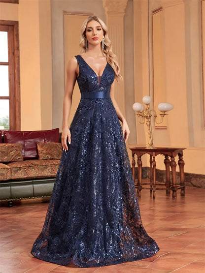 Elegant Sequin V-Neck Evening Dress