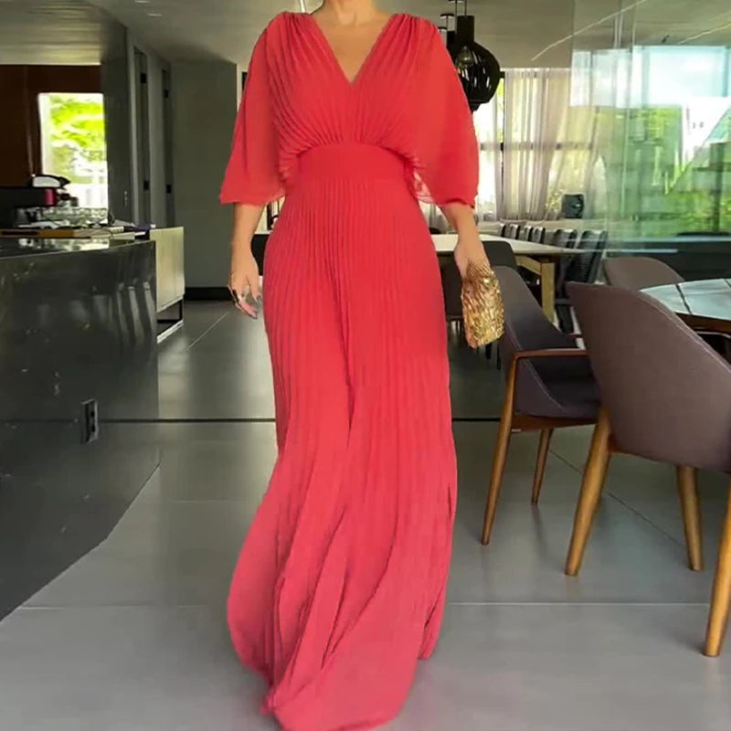 Elegant V-Neck Pleated Maxi Dress