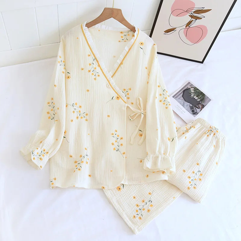 Floral Cotton Kimono Pajama Set