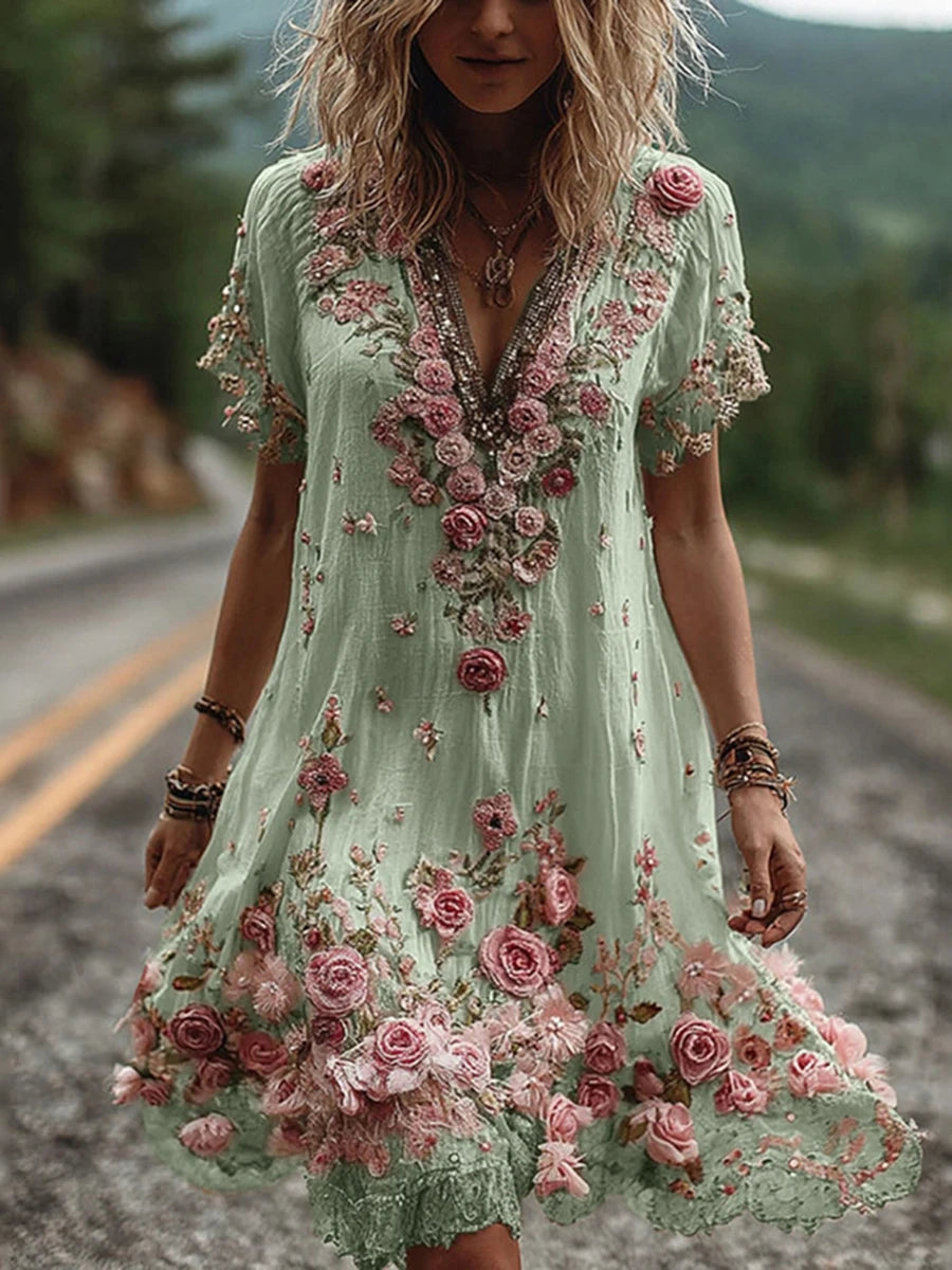 V-Neck Floral Pleated Dress