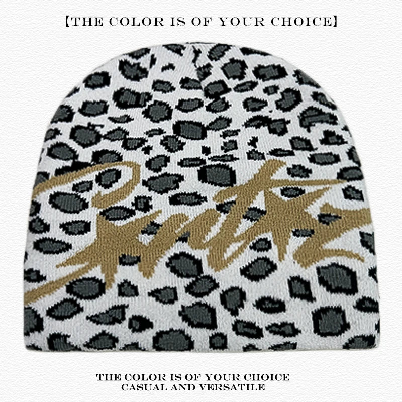 Leopard Print Letter Knit Beanie