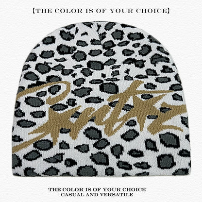Leopard Print Letter Knit Beanie