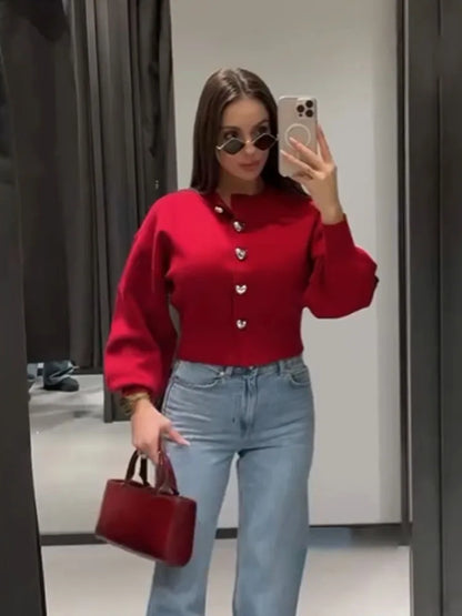 Heart-Button O-Neck Cardigan