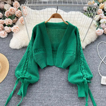 Green V-Neck Lantern Cardigan