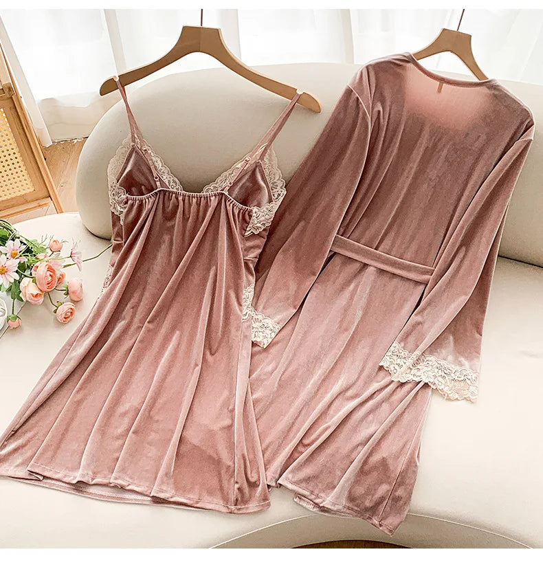 Women Velour Nightgown & Robe Set