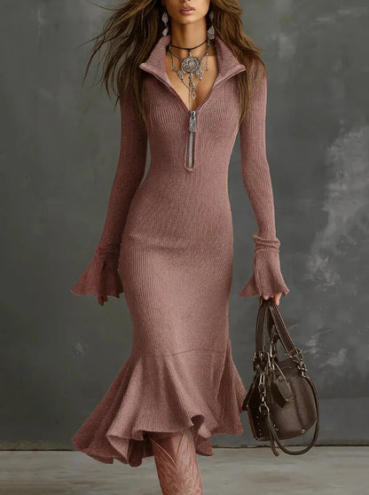 Zipper Lapel Fishtail Dress
