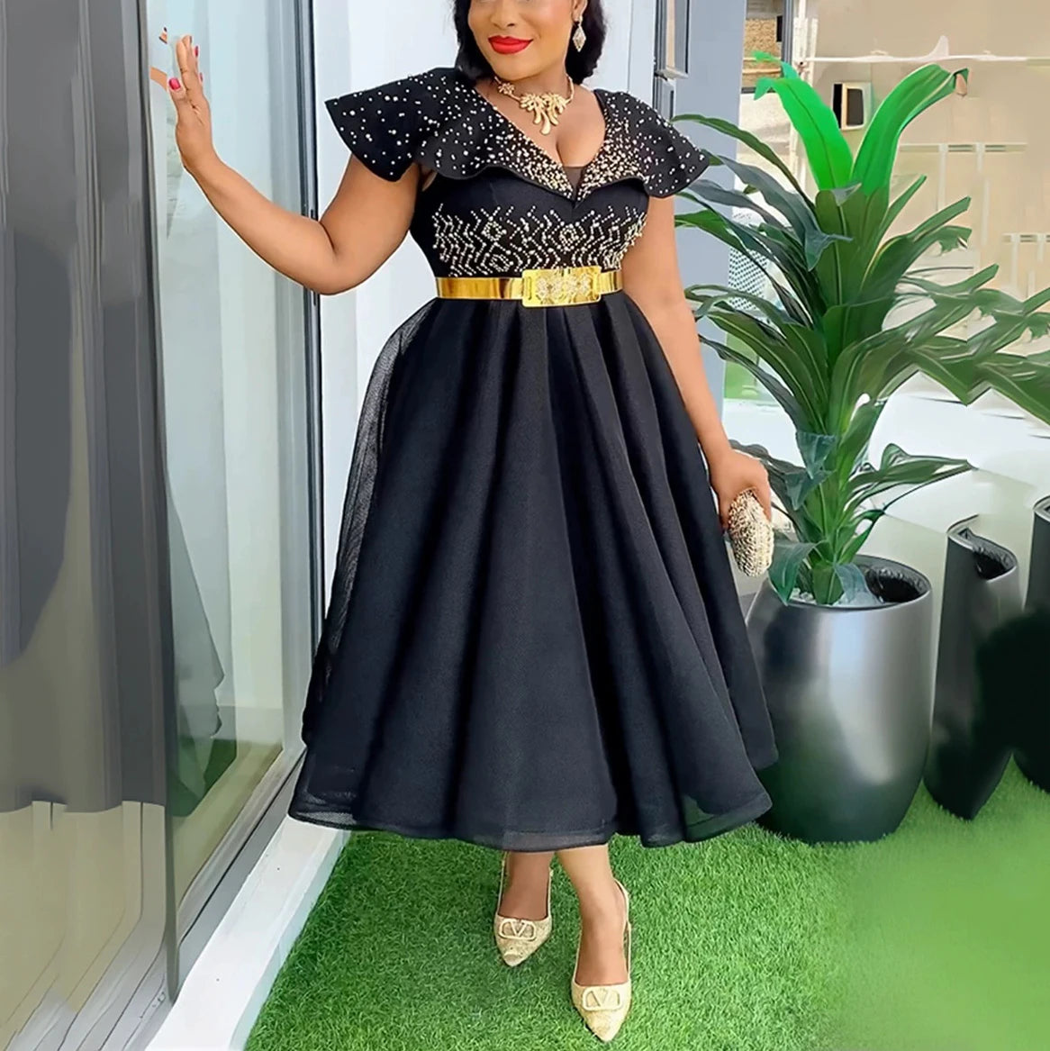 Elegant Ruffle Sleeve Party Dress