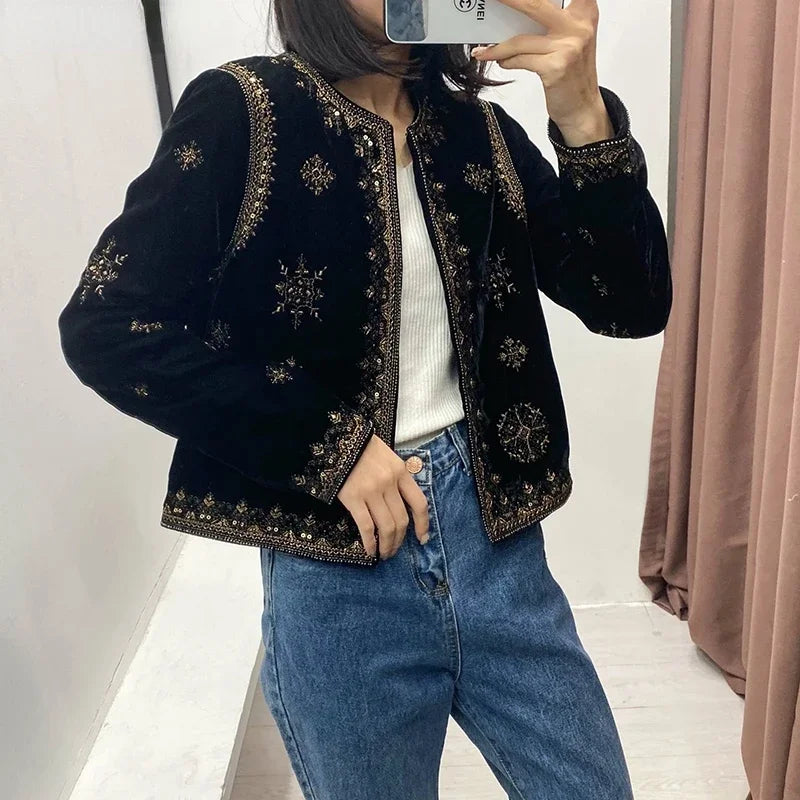 Embroidered Velvet Cardigan