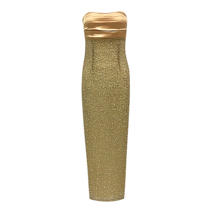 VJ.GOCHI Strapless Pearl Beaded Evening Dress