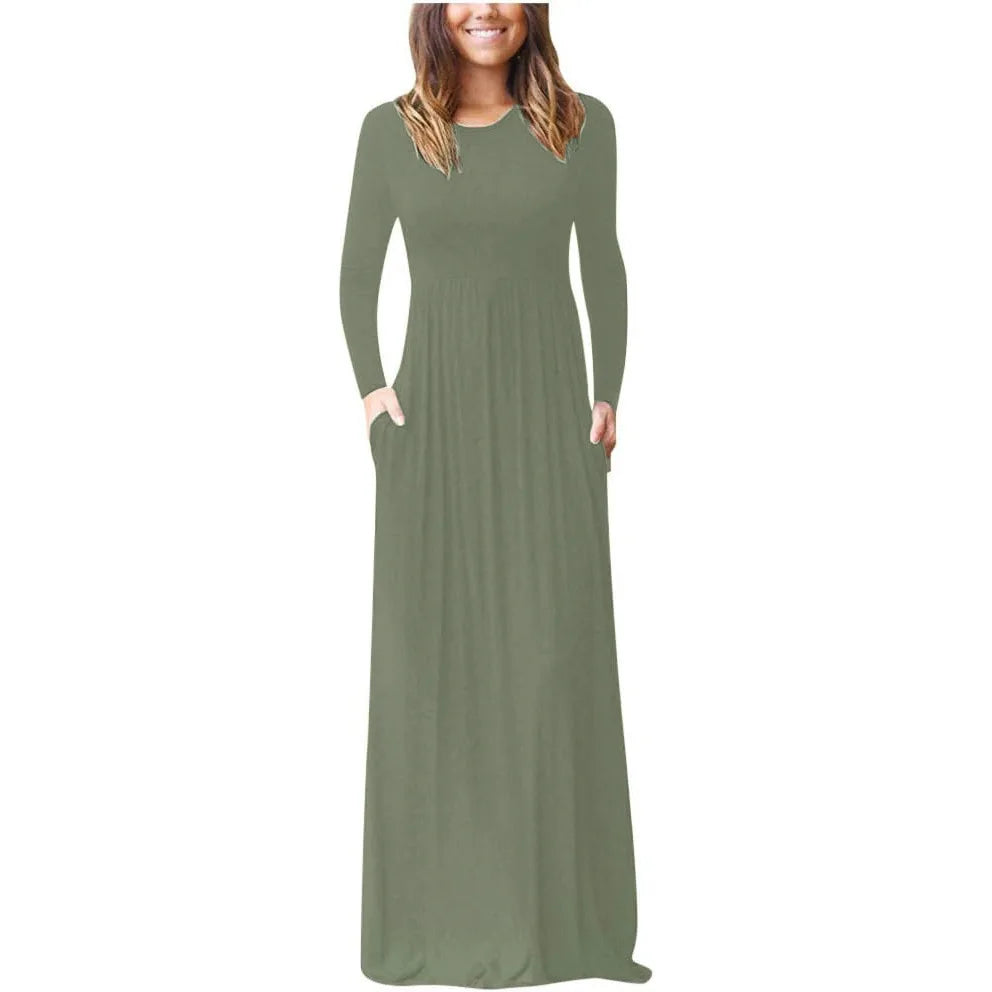 Autumn Winter Solid Color Pocket Maxi Dress